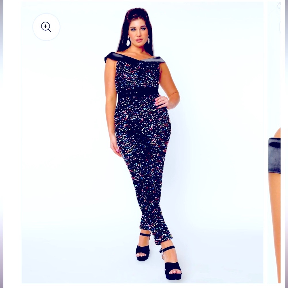 Unique Vintage 1970s Black & Rainbow Sequin Gillian Jumpsuit